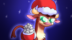 Size: 4240x2400 | Tagged: safe, artist:iceflower99, arizona (tfh), cow, them's fightin' herds, christmas, community related, food, hat, holiday, salt, santa hat, snow, snowball, thumbnail, video at source, video in description
