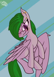 Size: 1280x1811 | Tagged: safe, artist:ukedideka, oc, oc:quizzical aphre, pegasus, pony, blushing, ear piercing, ear up, eyebrow piercing, female, flying, looking at you, one eye closed, piercing, signature, simple background, smiling, smiling at you, solo, wings, wink, winking at you