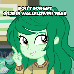 Size: 1080x1080 | Tagged: safe, screencap, wallflower blush, dryad, equestria girls, equestria girls series, forgotten friendship, g4, 2022, caption, cropped, female, fgsfds, grin, happy, image macro, pointing, reminder, smiling, solo, text, wallflower year
