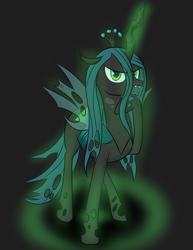 Size: 2153x2786 | Tagged: safe, artist:pustulioooooo, queen chrysalis, changeling, changeling queen, g4, 2012, black background, crown, fangs, female, glowing, glowing horn, high res, horn, jewelry, regalia, simple background, solo