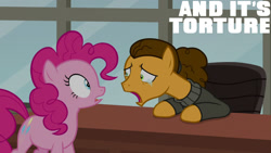 Size: 1280x720 | Tagged: safe, edit, edited screencap, editor:quoterific, screencap, cheese sandwich, pinkie pie, earth pony, pony, g4, season 9, the last laugh, clothes, crying, female, jacket, male, mare, open mouth, sad, stallion
