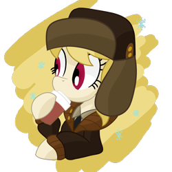 Size: 1700x1700 | Tagged: safe, artist:notadeliciouspotato, march gustysnows, earth pony, pony, g4, bust, clothes, coat, cup, female, hat, hoof hold, mare, simple background, sipping, snow, snowflake, solo, transparent background, ushanka