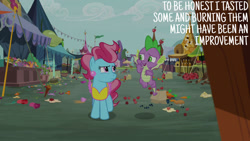 Size: 1280x720 | Tagged: safe, edit, edited screencap, editor:quoterific, screencap, cup cake, spike, dragon, earth pony, pony, g4, season 9, the big mac question, female, looking at each other, looking at someone, looking to the right, male, mare, open mouth, open smile, smiling, spread wings, text, winged spike, wings