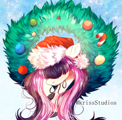Size: 2548x2500 | Tagged: safe, artist:krissstudios, oc, pony, christmas, christmas wreath, female, hat, high res, holiday, mare, not fluttershy, santa hat, solo, wreath