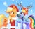 Size: 2419x2035 | Tagged: safe, artist:galaxy swirl, applejack, rainbow dash, earth pony, pegasus, pony, g4, blushing, christmas, clothes, costume, cute, dashabetes, eye clipping through hair, female, hat, high res, holiday, jackabetes, lesbian, reindeer dash, santa costume, santa hat, ship:appledash, shipping