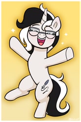 Size: 1260x1911 | Tagged: safe, artist:heretichesh, oc, oc only, oc:diamond horseshoe, pony, unicorn, bipedal, eyes closed, female, glasses, mare, open mouth, open smile, simple background, smiling, solo, sparkles, standing, standing on one leg, underhoof, yellow background