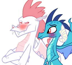 Size: 800x719 | Tagged: artist needed, safe, edit, vector edit, fizzle, princess ember, dragon, g4, blushing, crossed arms, female, fizzlember, husband and wife, male, shipping, simple background, smiling, straight, transparent background, vector