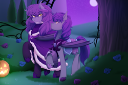 Size: 1280x853 | Tagged: safe, artist:mylittlesheepy, oc, oc only, oc:amelia valkyria, oc:freya, bat pony, pony, bat pony oc, cloak, clothes, duo, fangs, female, flower, halloween, holiday, jack-o-lantern, looking at each other, looking at someone, mother and child, mother and daughter, night, night guard, nightmare night, path, pumpkin, royal gardens, slit pupils, stroll