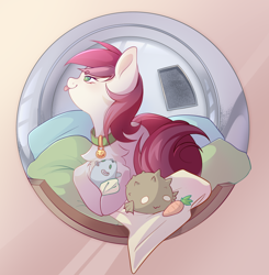 Size: 1644x1680 | Tagged: safe, artist:waterfall dream, roseluck, pony, g4, behaving like a cat, collar, commission, commissioner:doom9454, fluffy, pony pet, rosepet, tongue out, toy, washing machine