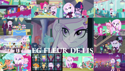 Size: 1280x721 | Tagged: safe, edit, edited screencap, editor:quoterific, screencap, angel bunny, applejack, aqua blossom, carlos thunderbolt, cloverbelle, derpy hooves, fleur-de-lis, frosty orange, garden grove, ginger owlseye, lemonade blues, octavia melody, pinkie pie, rarity, raspberry lilac, sci-twi, scribble dee, snails, sunset shimmer, teddy t. touchdown, thunderbass, trixie, twilight sparkle, valhallen, varsity trim, wiz kid, rabbit, equestria girls, equestria girls specials, five lines you need to stand in, g4, my little pony equestria girls: better together, my little pony equestria girls: friendship games, my little pony equestria girls: rollercoaster of friendship, pinkie pie: snack psychic, tip toppings, tip toppings: fluttershy, animal, applejack's hat, background human, boots, camera shot, cellphone, clothes, collage, cowboy boots, cowboy hat, crossed arms, crystal prep academy uniform, cutie mark on clothes, denim skirt, eyes closed, female, geode of shielding, geode of sugar bombs, geode of super strength, glasses, grin, hat, high heels, jacket, jewelry, magical geodes, male, music festival outfit, necklace, open mouth, open smile, phone, ponytail, rarity peplum dress, school uniform, shoes, skirt, smartphone, smiling, tank top