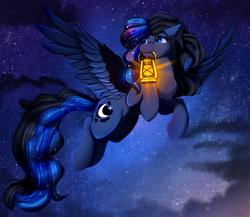 Size: 3509x3050 | Tagged: safe, artist:pridark, oc, oc only, pegasus, pony, chest fluff, ear fluff, high res, lantern, mouth hold, not luna, sky, sky background, solo, stars