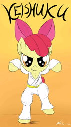 Size: 1080x1920 | Tagged: safe, artist:neko-me, apple bloom, earth pony, pony, bipedal, clothes, female, filly, foal, gi, karatebloom, looking at you, martial arts, solo, text