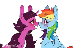 Size: 1024x675 | Tagged: safe, artist:pyukumeru, rainbow dash, oc, pegasus, pony, unicorn, g4, blushing, canon x oc, duo, female, imminent noseboop, lesbian, looking at each other, looking at someone, mare, non-mlp oc, ponified oc, simple background, transparent background