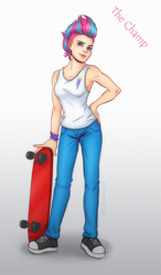 Size: 800x1367 | Tagged: safe, artist:euphemia, zipp storm, human, g5, my little pony: a new generation, clothes, converse, humanized, jeans, looking at you, muscles, pants, shoes, simple background, skateboard, sleeveless, smiling, sneakers, solo, tank top, white background
