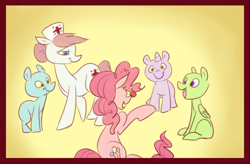 Size: 700x460 | Tagged: safe, artist:pashapup, nurse redheart, pinkie pie, earth pony, pegasus, pony, unicorn, g4, 2011, bald, cancer (disease), foal, red nose