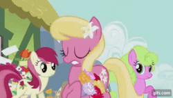 Size: 640x360 | Tagged: safe, screencap, daisy, flower wishes, lily, lily valley, roseluck, earth pony, pony, g4, season 5, slice of life (episode), animated, eyes closed, faint, female, flower, flower trio, gif, gifs.com, mare, nose in the air, open mouth, shocked, shocked expression