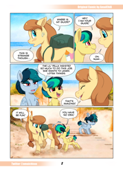 Size: 2598x3626 | Tagged: safe, artist:amaichix, oc, oc only, oc:apogee, oc:cream heart, oc:delta vee, earth pony, pegasus, pony, comic:smash the beach, beach, comic, daughter, dialogue, earth pony oc, female, filly, foal, high res, mare, mother, mother and child, mother and daughter, pegasus oc, wings