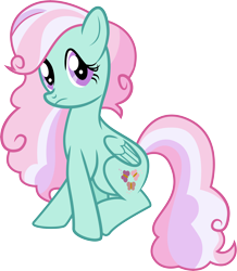Size: 5996x6888 | Tagged: safe, artist:shootingstarsentry, oc, oc only, oc:lilypad, pegasus, pony, absurd resolution, female, folded wings, frown, full body, mare, multicolored mane, multicolored tail, offspring, parent:doctor caballeron, parent:fluttershy, parents:caballershy, pegasus oc, purple eyes, show accurate, simple background, sitting, solo, tail, transparent background, wings