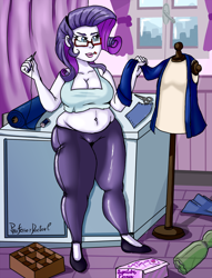 Size: 800x1045 | Tagged: safe, artist:professordoctorc, rarity, equestria girls, g4, belly button, breasts, busty rarity, chubby, cleavage, clothes, female, glasses, midriff, muffin top, pants, rarity's glasses, solo, thick, yoga pants