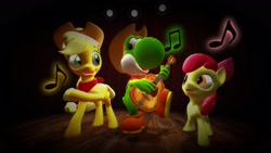 Size: 2560x1440 | Tagged: safe, artist:tomiato64, apple bloom, applejack, earth pony, pony, yoshi, g4, 3d, crossover, female, filly, foal, gmod, guitar, mare, musical instrument, super mario bros.