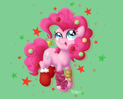 Size: 3207x2575 | Tagged: safe, artist:background basset, pinkie pie, earth pony, pony, g4, abstract background, christmas, christmas stocking, happy, high res, holiday, open mouth, solo