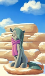 Size: 1200x2000 | Tagged: safe, artist:escapist, marble pie, earth pony, pony, g4, clothes, cloud, eyes closed, female, mare, rock, scarf, snow, solo