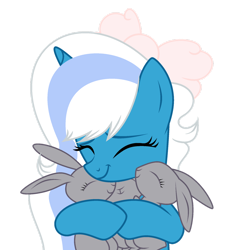 Size: 1280x1336 | Tagged: safe, artist:suns3tdawn, oc, oc:fleurbelle, alicorn, pony, rabbit, adorabelle, alicorn oc, animal, bow, cute, eyes closed, female, hair bow, horn, hug, mare, ocbetes, simple background, transparent background, wings