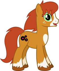 Size: 4000x4824 | Tagged: safe, artist:parclytaxel, oc, oc only, oc:gearheart, earth pony, pony, 2022 community collab, derpibooru community collaboration, .svg available, absurd resolution, brown mane, brown tail, coat markings, earth pony oc, female, freckles, full body, green eyes, looking at you, mare, markings, monthly reward, open mouth, open smile, show accurate, simple background, smiling, socks (coat markings), solo, tail, transparent background, unshorn fetlocks, vector