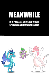 Size: 800x1190 | Tagged: safe, artist:cloudy glow, artist:dashiesparkle, artist:dashiesparkle edit, artist:rainbowderp98, edit, vector edit, fizzle, princess ember, spike, dragon, g4, alternate universe, caption, ember is spike's mother, father and child, father and son, female, fizzle is spike's father, fizzlember, husband and wife, image macro, male, meanwhile, mother and child, mother and son, parent:fizzle, parent:princess ember, parents:fizzlember, shipping, simple background, straight, text, tomska, transparent background, vector