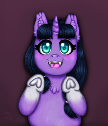 Size: 3000x3500 | Tagged: safe, artist:yumomochan, pony, unicorn, blushing, child, commission, digital art, ear fluff, fangs, happy, high res, hooves to the chest, hooves up, open mouth, smiling, teeth, young