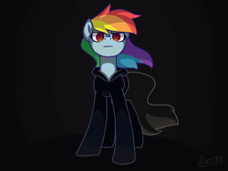Size: 1200x900 | Tagged: safe, artist:flitter-fly, rainbow dash, pegasus, pony, fanfic:rainbow factory, g4, black background, black suit, dyed tail, evil, fanfic art, female, fire, frown, looking forward, mare, pegasus device, rainbow factory dash, signature, simple background, solo, tail