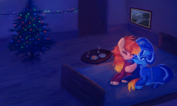 Size: 2136x1283 | Tagged: safe, artist:menalia, oc, oc only, oc:freezy coldres, oc:shiny flames, pegasus, pony, unicorn, alcohol, bed, christmas, christmas tree, clothes, dark room, door, dress, female, happy, holiday, implied unicorn, lesbian, lying down, mare, new year, painting, pants, room, smiling, sweater, table, tree, wine, wings