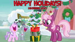 Size: 2063x1161 | Tagged: safe, artist:not-yet-a-brony, artist:poniesfromheaven, artist:silentmatten, artist:vector-brony, cheerilee, diamond tiara, silver spoon, g4, 2021, caroling, christmas, december, happy holidays, hearth's warming, holiday, ponyville, present, singing, snow, teacher and student, youtube link in the description