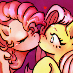 Size: 1000x1000 | Tagged: safe, artist:bunchi, fluttershy, pinkie pie, earth pony, pegasus, pony, g4, blushing, cute, duo, duo female, eyelashes, female, heart, kiss on the lips, kissing, lesbian, mare, ship:flutterpie, shipping, simple background, solo focus, surprise kiss, surprised