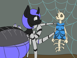 Size: 4000x3000 | Tagged: safe, artist:triksa, oc, oc:obis, oc:triksa, changeling, spider, spiderling, bone, clothes, dead, dress, mannequin, silk, simple background, skeleton, smiling, spider web