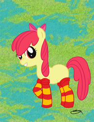 Size: 638x825 | Tagged: safe, artist:bunnimation, apple bloom, earth pony, pony, g4, clothes, female, filly, foal, freckles, grin, looking at you, raised hoof, smiling, smiling at you, socks, solo, stockings, striped socks, thigh highs