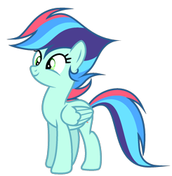 Size: 1272x1300 | Tagged: safe, artist:galaxyswirlsyt, oc, oc only, oc:rainbow blitzes, pegasus, pony, female, folded wings, full body, green eyes, mare, multicolored mane, multicolored tail, offspring, parent:rainbow dash, parent:soarin', parents:soarindash, pegasus oc, show accurate, simple background, smiling, solo, standing, tail, transparent background, wings