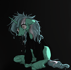 Size: 1745x1714 | Tagged: safe, artist:rover, artist:rrrover, lyra heartstrings, pony, unicorn, fanfic:background pony, g4, black background, clothes, creepy, crying, dark, dig the swell hoodie, hoodie, mental breakdown, simple background, sitting, solo, teary eyes
