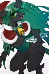 Size: 1348x2048 | Tagged: safe, artist:30clock, queen chrysalis, changeling, changeling queen, g4, bell, bipedal, bow, christmas, cloak, clothes, female, hat, holiday, open mouth, santa hat, simple background, solo, white background