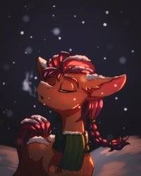 Size: 1636x2048 | Tagged: safe, artist:willdrawhere, sunny starscout, earth pony, pony, g5, my little pony: a new generation, clothes, female, mare, scarf, snow, snowfall, solo