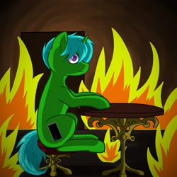 Size: 2160x2160 | Tagged: safe, artist:krotir56, oc, oc:green byte, pony, unicorn, commission, fire, high res, male, sitting, solo, stallion, this is fine, ych result
