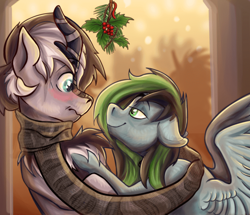 Size: 700x601 | Tagged: artist needed, safe, oc, oc:grayscale, oc:weo, kirin, pegasus, pony, bedroom eyes, blushing, clothes, gay, holly, holly mistaken for mistletoe, imminent kissing, looking at each other, looking at someone, male, scarf