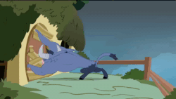 Size: 1280x720 | Tagged: safe, screencap, iron will, bull, minotaur, g4, putting your hoof down, season 2, animated, bait and switch, door, eyes closed, fluttershy's cottage, gritted teeth, house, implied fluttershy, knocking, male, outdoors, shadow, solo, sound, standing, talking, webm, wood