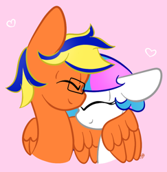 Size: 712x734 | Tagged: safe, artist:sugarcloud12, oc, oc only, oc:sugar cloud, pegasus, pony, duo, eyes closed, female, glasses, heart, hug, male, mare, pegasus oc, pink background, simple background, smiling, stallion, winghug, wings
