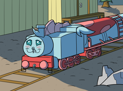 Size: 1280x953 | Tagged: safe, artist:sergeant16bit, ocellus, changedling, changeling, g4, :3, blushing, commission, cute, diaocelles, inanimate tf, rock, tracks, train, trainified, transformation, vehicle