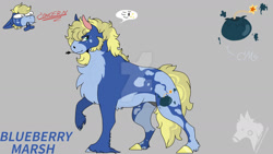 Size: 1280x720 | Tagged: safe, artist:gasmask-donkey, oc, oc:blueberry marsh, earth pony, pony, chest fluff, coat markings, dark genitals, deviantart watermark, gray background, magical gay spawn, male, nudity, obtrusive watermark, offspring, parent:big macintosh, parent:party favor, sheath, simple background, solo, stallion, watermark