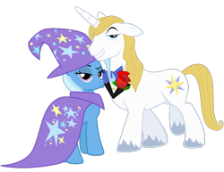 Size: 1293x997 | Tagged: safe, artist:jeatz-axl, artist:peachspices, edit, vector edit, prince blueblood, trixie, pony, unicorn, g4, .svg available, bedroom eyes, cape, clothes, duckface, duo, female, flower, grin, hat, lidded eyes, male, mare, rose, ship:bluetrix, shipping, simple background, smiling, stallion, straight, transparent background, trixie's cape, trixie's hat, unshorn fetlocks, vector