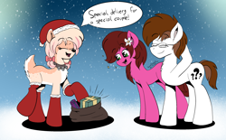 Size: 2724x1690 | Tagged: safe, artist:aarondrawsarts, oc, oc only, oc:brain teaser, oc:daisy cakes, oc:rose bloom, deer, deer pony, earth pony, original species, pony, blushing, brainbloom, christmas, clothes, dialogue, female, glasses, holiday, male, oc x oc, shipping, snow, snowfall, stockings, straight, thigh highs