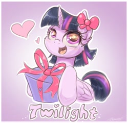 Size: 1920x1850 | Tagged: safe, artist:phoenixrk49, part of a set, twilight sparkle, alicorn, pony, g4, bow, hair bow, heart, present, ribbon, solo, twilight sparkle (alicorn)
