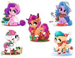 Size: 6879x5300 | Tagged: safe, artist:xsatanielx, hitch trailblazer, izzy moonbow, pipp petals, sunny starscout, zipp storm, earth pony, pegasus, pony, unicorn, g5, my little pony: a new generation, absurd resolution, adorapipp, adorazipp, antlers, blushing, bow, candy, candy cane, chest fluff, chibi, christmas, christmas lights, christmas tree, clothes, cute, ear fluff, female, food, hair bow, hat, hitchbetes, holiday, ice skating, izzybetes, male, mane five (g5), mare, one eye closed, open mouth, open smile, ornament, present, reindeer antlers, sack, scarf, simple background, sleigh bells, smiling, snowman, socks, stallion, sunnybetes, transparent background, tree, wall of tags